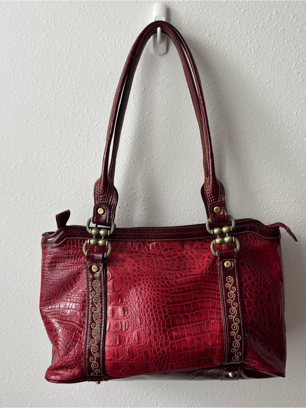 Red Croc-Embossed Shoulder Bag